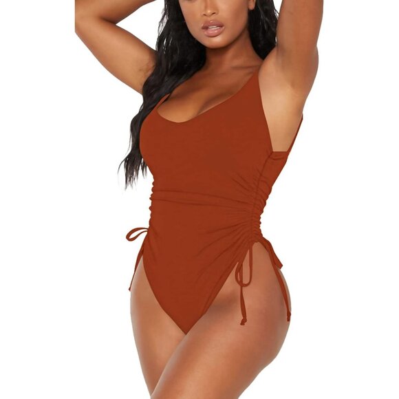 Women's Orange Ruched High Cut One Piece Tummy Control Swimsuit - Picture 3 of 7